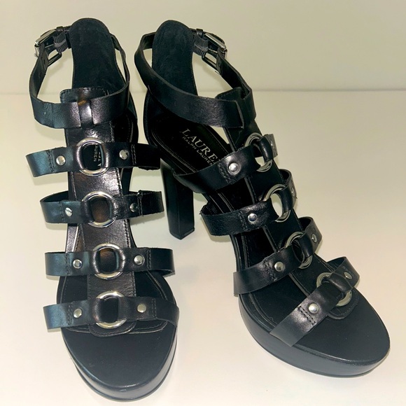 LAUREN Ralph Lauren “Stasia” black leather gladiator high heels size 10B‎ - Picture 1 of 7